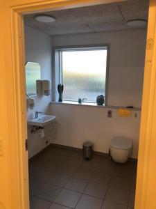 een badkamer met een wastafel, een toilet en een raam bij Brønks Bed and Breakfast in Langeskov