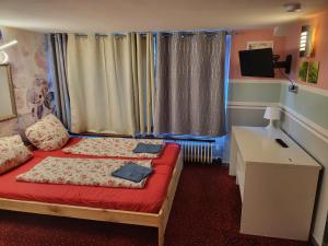 a bedroom with a bed with a desk and a desk at Hostel Hamburg in Hamburg