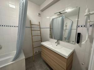 a bathroom with a sink and a mirror and a shower at Conforto, espaço e localização in Ribeira Grande