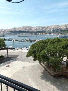 a tree sitting on a balcony with a view of a harbor at Apartments Dorcic in Baška +19 photos