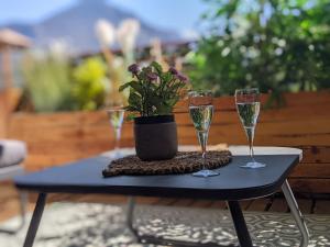 une table avec deux verres à vin et une plante en pot dans l'établissement Manoir 4 étoiles - 2 chambres, proche lac, à Annecy