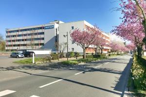 una calle vacía con un edificio y árboles con flores rosas en Studio Chic Croix-Barbieux, en Croix