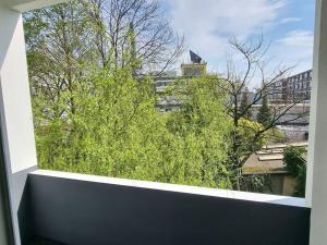 a window with a view of trees and a building at Viktoria's Appartment in OB-Mitte in Oberhausen
