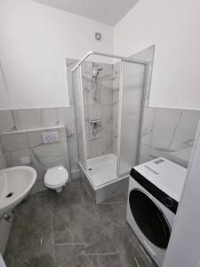 ein Bad mit einer Dusche, einem WC und einem Waschbecken in der Unterkunft Viktoria's Appartment in OB-Mitte in Oberhausen