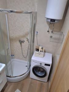 a shower and a washing machine in a bathroom at GOLD in Mostar