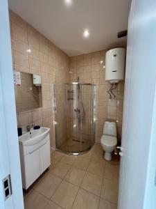 a bathroom with a shower and a toilet and a sink at Aparthotel Majak Shekvetili in Shekvetili