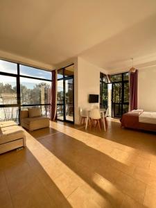 Aparthotel Majak Shekvetili في شيخفيتيلي: غرفة نوم مع سرير وغرفة معيشة مع نوافذ