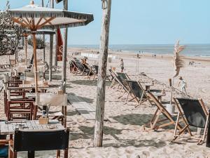 una playa con sillas y sombrillas y el océano en SeaStay en Noordwijk