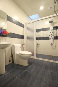 a bathroom with a shower and a toilet and a sink at Taitung Nine Three B&B in Taitung City