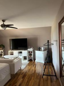 uma sala de estar com um sofá branco e uma televisão em Lodge Diana & Room Sweet 26 em Bled