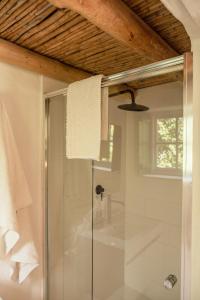 a shower with a glass door in a bathroom at Stanford Valley Country Lodge in Stanford