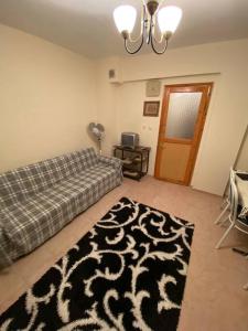 een woonkamer met een bank en een zwart-wit tapijt bij Huzur için Şarköy'deki eviniz. in Şarköy