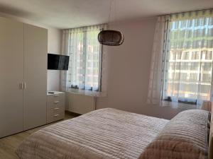 a bedroom with a bed and a tv and windows at Favolabella The Loft in Bardolino