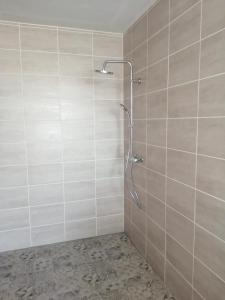 een douche in een badkamer met een betegelde muur bij Villa Biscondau in Oloron-Sainte-Marie