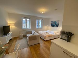 ein Schlafzimmer mit einem Bett, einem Sofa und einem TV in der Unterkunft Smultron Apartment Altstadt Wismar in Wismar