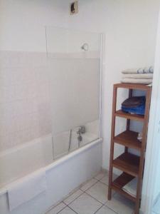 La salle de bains est pourvue d'une douche, d'une baignoire et d'une étagère. dans l'établissement Tréfilerie, à Saint-Étienne