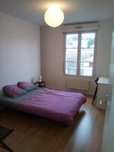 - une chambre avec un lit violet dans une pièce dotée d'une fenêtre dans l'établissement Tréfilerie, à Saint-Étienne