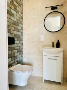 a bathroom with a toilet and a sink and a mirror at Zakątek Solny in Bochnia