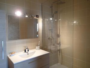 a bathroom with a sink and a shower with a mirror at Studio les pieds dans l'eau au port de Ploumanac'h in Perros-Guirec