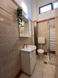een badkamer met een toilet, een wastafel en een douche bij Apartments Natasa in Punat