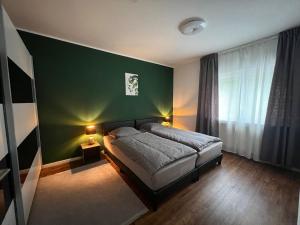 ein Schlafzimmer mit einem Bett und einer grünen Wand in der Unterkunft Charmante Ferienwohnung Limburg in Limburg an der Lahn