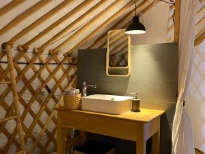 a bathroom with a sink and a mirror at Náttúra Yurtel in Haukadalur