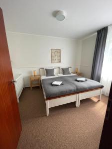um quarto com uma cama grande num quarto em Villa Baltic Apartament nr 3 em Chałupy