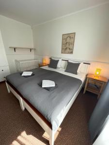 een slaapkamer met een groot bed met 2 kussens bij Villa Baltic Apartament nr 3 in Chałupy