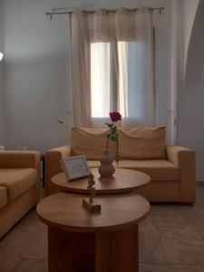 a living room with a couch and a table with a flower on it at Korali in Symi