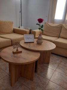 a living room with a coffee table with a laptop on it at Korali in Symi