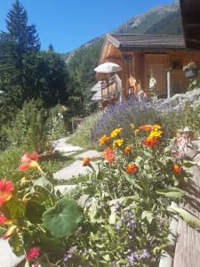 a garden with flowers in front of a house at Le Refuge des Marmottes in Arêches-Beaufort