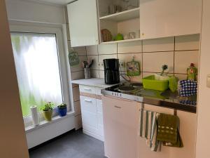 a small kitchen with a stove and a window at Kleines Studio mit Gartenzugang in Milbitz