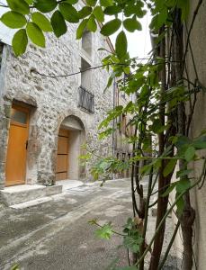 un edificio in pietra con una porta e un albero di Chez OaNel a Andance