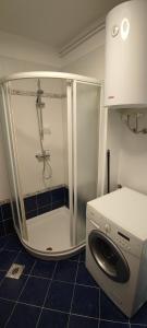 een wasmachine en droger in een kleine badkamer bij Vista Capodistria in Koper