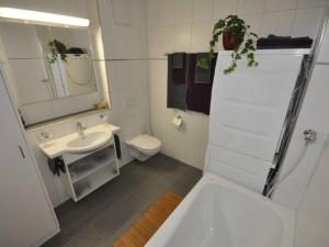 een badkamer met een wastafel, een toilet en een spiegel bij Charming Penthouse in Lauterbrunnen
