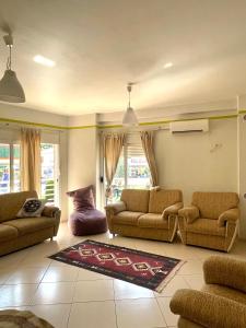 uma sala de estar com dois sofás e um tapete em Panoramic View Apartment em Përmet