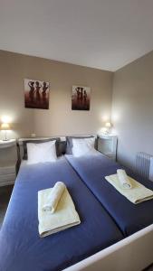 a bedroom with a blue bed with two towels on it at Coja Mountain Perch in Vinho +53 photos
