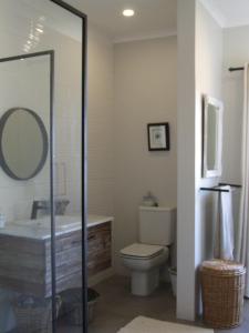 a bathroom with a toilet and a sink and a mirror at Farm House Plettneberg Bay in Plettenberg Bay
