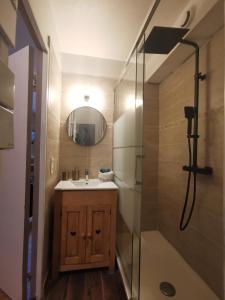 uma casa de banho com um lavatório e um chuveiro com um espelho. em La Cabane em Chamonix-Mont-Blanc