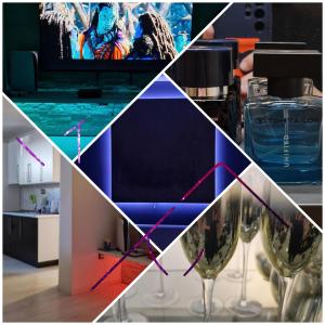 a collage of photos of wine glasses and a tv at Wellness apartment BLACK-WHITE in Široki Brijeg
