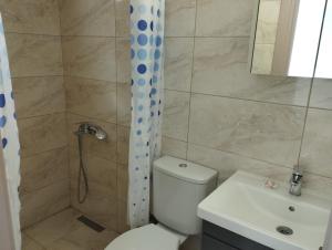 uma casa de banho com um chuveiro, um WC e um lavatório. em Soleil Hotel em Kusadası