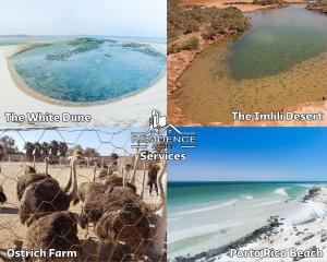 un collage de trois images d'une plage et d'une masse d'eau dans l'établissement Résidence America, à Dakhla