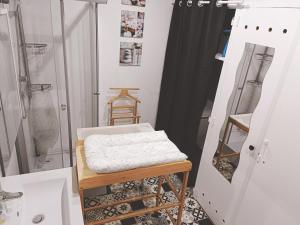 a room with a shower and a stool in a bathroom at Loft chez Valy et Hervé in Charleville-Mézières