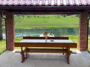 - une table de pique-nique assise sous un pavillon à côté d'un lac dans l'établissement Apartments River, à Otočac