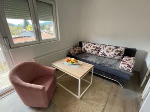 - un salon avec un canapé, une table et une chaise dans l'établissement Apartman Mila, à Višegrad