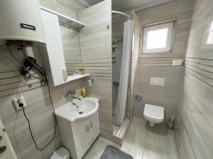 La salle de bains est pourvue d'un lavabo, d'une douche et de toilettes. dans l'établissement Apartman Mila, à Višegrad