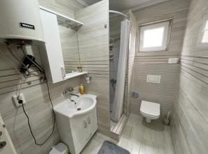 a bathroom with a sink and a shower and a toilet at Apartman Mila in Višegrad