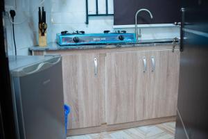 uma cozinha com um lavatório e um fogão azul em Stylish 1-Bed-Apt With 24hrs Power + Fast Wi-Fi em Lagos
