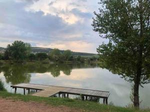 stół piknikowy siedzący obok jeziora w obiekcie Maison et parking privé proche zénith et volcans. w mieście Le Cendre +9 zdjęć
