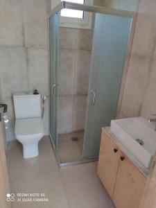 a bathroom with a toilet and a shower and a sink at Studio Evridiki in Georgioupolis